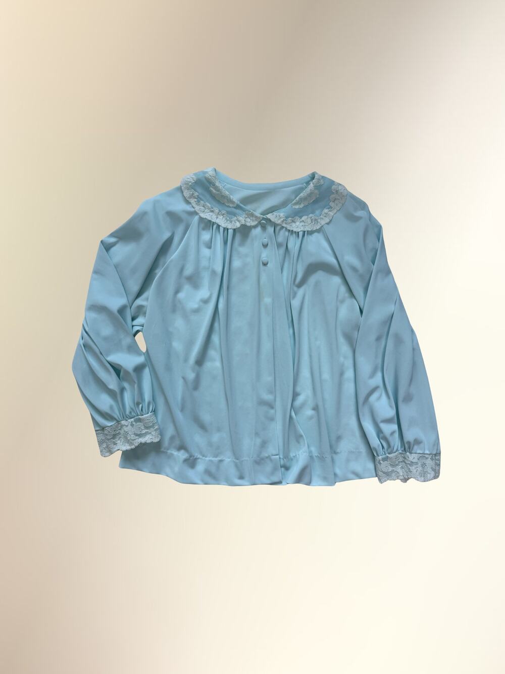 Vintage Gollard Light Blue Nylon Lace Trim Bed Jacket Lingerie Sz L